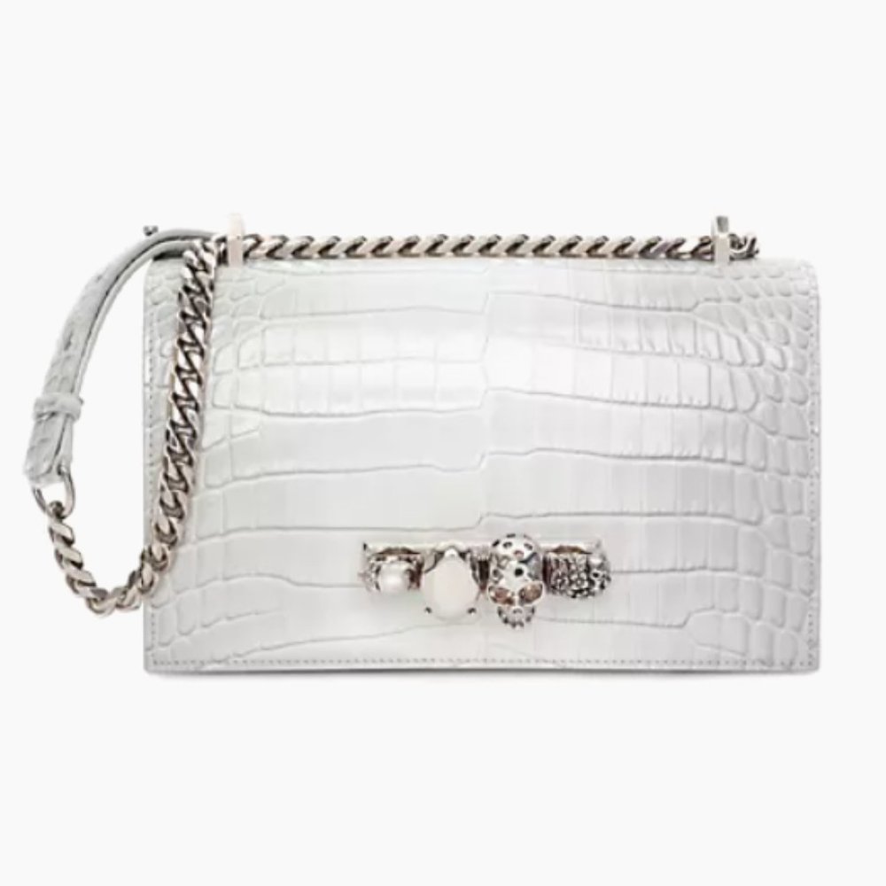 Alexander McQueen Medium Four Ring Croc-Embossed Leather Crossbody Bag Light Gr…
